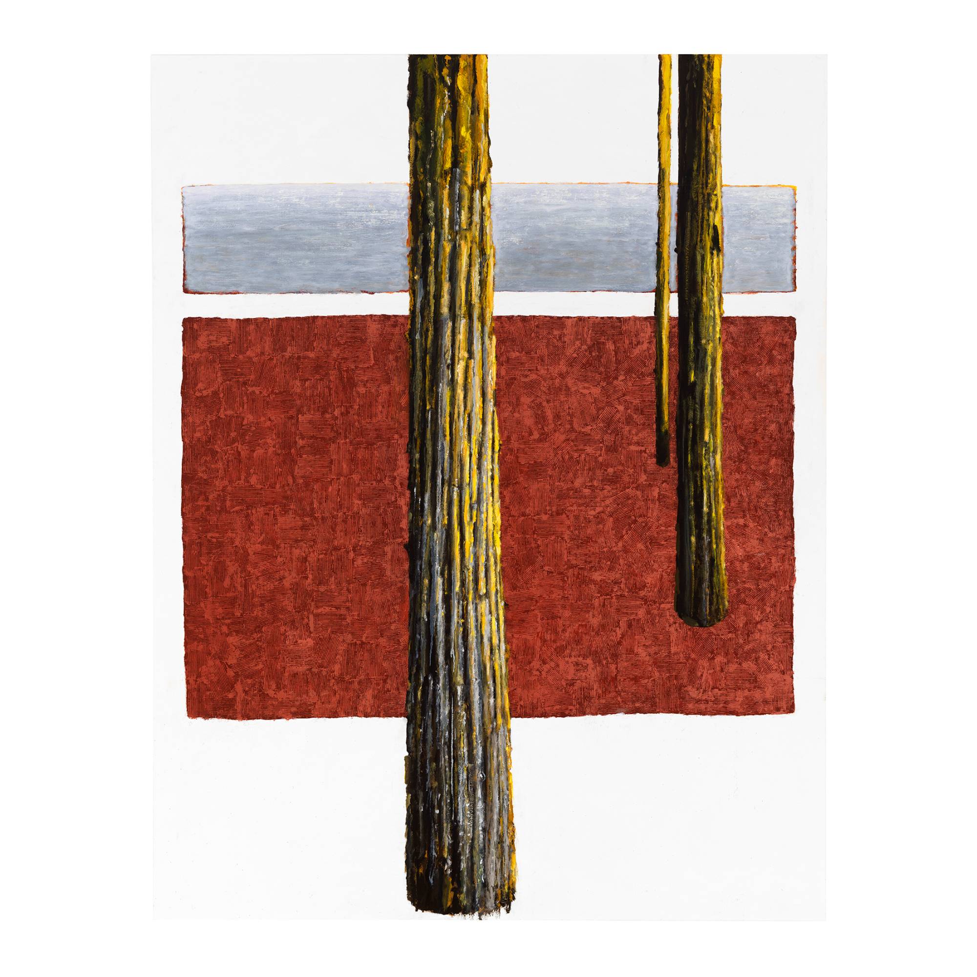 Painting by Vera Klement titled 'Witnesses' tree trunks floating on a red square and a grey rectangle